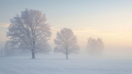 Obraz premium Snow covered field with leafless trees under foggy sky