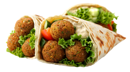  Classic falafel wrap with fresh vegetables and tahini sauce, isolated on a transparent background 