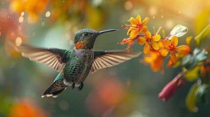 Fototapeta premium Hummingbird Hovering Near Vibrant Flowers - Generative AI