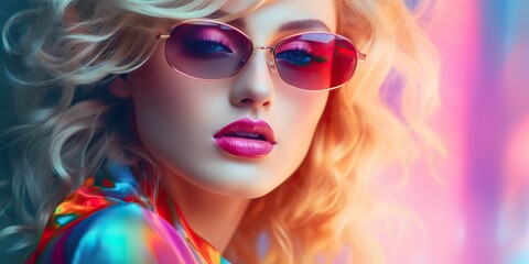 Obraz premium Beautiful gorgeous woman is wearing a colorful colored shirt with bright lipstick. Pop art photo scene