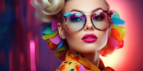 Beautiful gorgeous woman is wearing a colorful colored shirt with bright lipstick. Pop art photo  scene