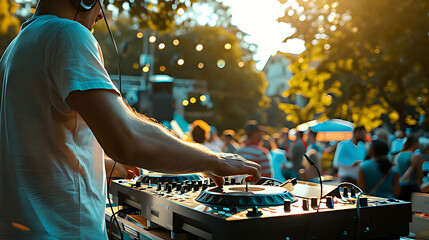 Middle Eastern DJ playing music at a sunny outdoor event 