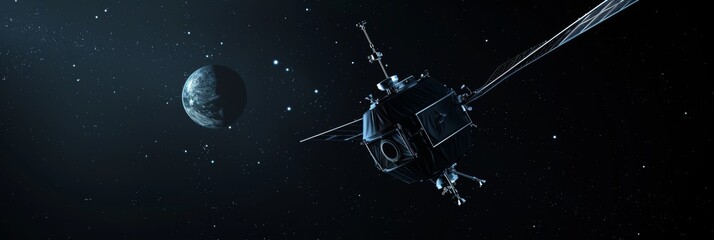  3D satellite on a sleek black background, showcasing communication and observation technology