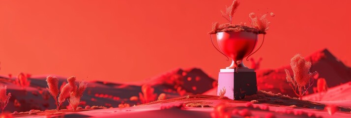 AR Gaming, a minimalistic 3D AR game trophy on a vibrant red background, showcasing achievements in gaming