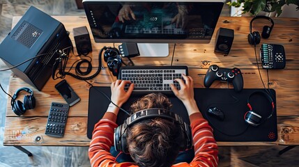 High angle view of man gamer on pc. Young man working on computer with gamepad and accessories on table.