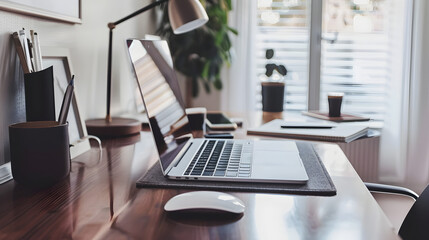 Home Office Desk with Laptop, Mug, and Notebook