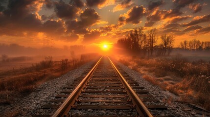 Illustration of the sun setting in the clouds above the railroad tracks. Ai generated image