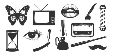 Trendy grunge texture retro futuristic object set. Old TV, lips, lamp, butterfly, barbers pole, radio, eye vector