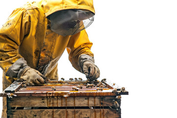 Beekeeper at Work with Honeybox Isolated on Transparent Background