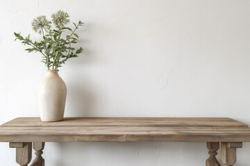 A minimalist rustic scene with a white wall and a rustic wooden table, featuring a vase with flowers, ideal for interior design and home decor.