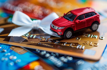 The red miniature car is on the bank card next to the white ribbon. Concept of a gift, prize, car purchase