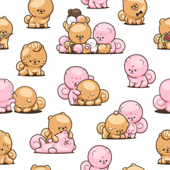 Cute kawaii pomeranian dog. Seamless pattern. Cartoon character. Vector drawing. Design ornaments.