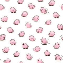 Cute kawaii pomeranian dog. Seamless pattern. Cartoon character. Vector drawing. Design ornaments.