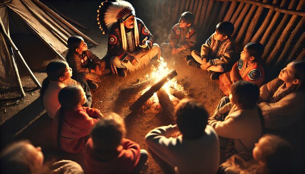 An elder Native American storyteller wearing traditional attire, sharing stories around a campfire with children