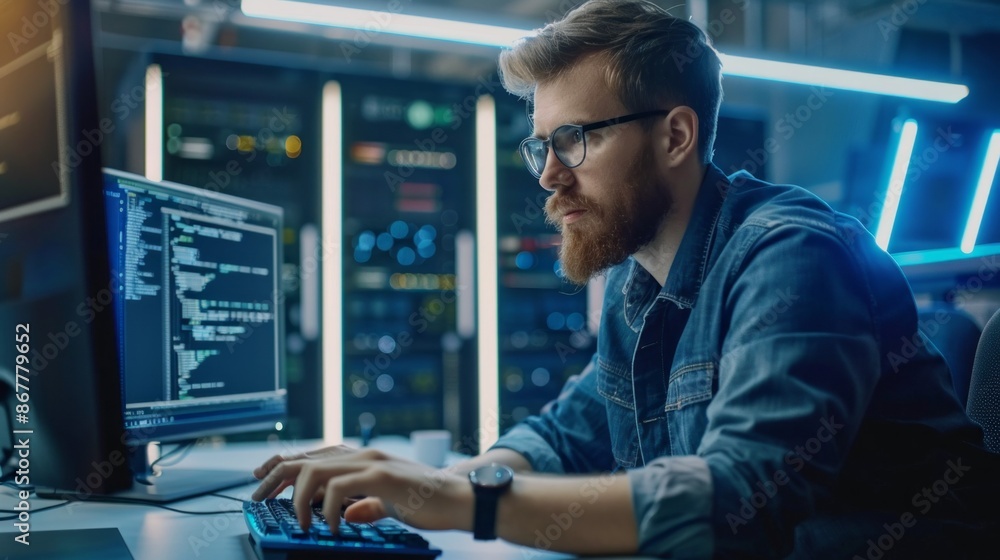 Poster A focused male programmer works late at night in a data center, illuminated by the blue glow of server racks. He is typing on a keyboard, concentrating on the code displayed on his monitor