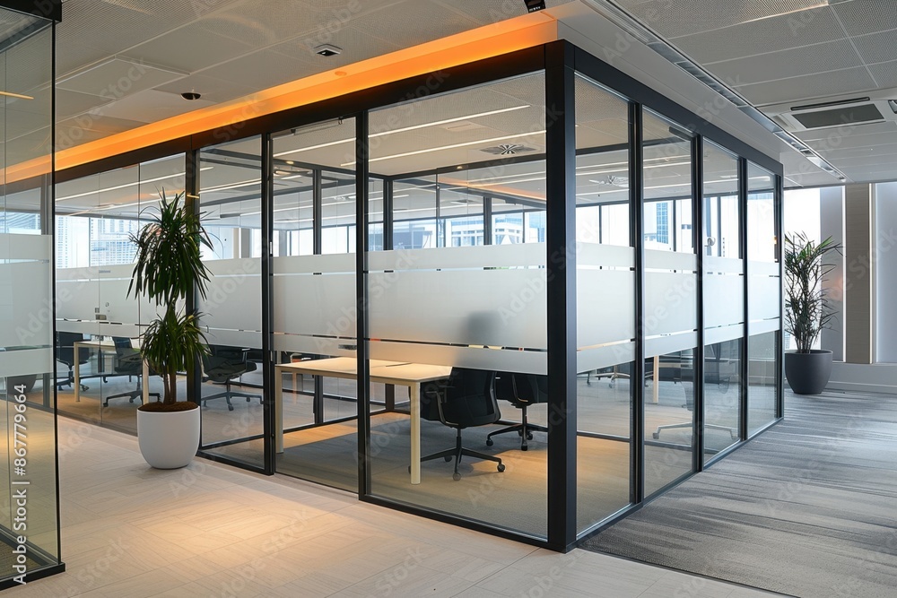 Poster acoustic glass panels installed in an office reduce noise pollution, creating a quieter work environ