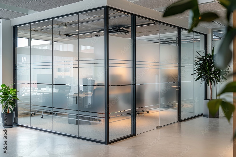 Poster acoustic glass panels installed in an office reduce noise pollution, creating a quieter work environ
