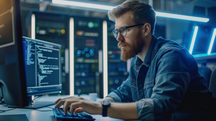 A focused male programmer works late at night in a data center, illuminated by the blue glow of server racks. He is typing on a keyboard, concentrating on the code displayed on his monitor
