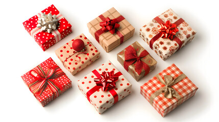 Eight gift boxes wrapped in various festive papers with ribbons and bows, arranged neatly on a white background. Perfect for holiday and special occasion celebrations.