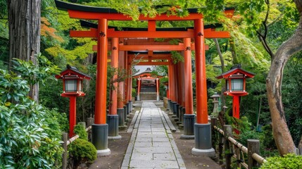 Torii Gates  Iconic red torii gates leading to Shinto shrines, with summer foliage