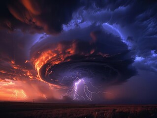 Fototapeta premium Lightning and Tornado Striking photos of a tornado illuminated by lightning, showcasing the power of nature