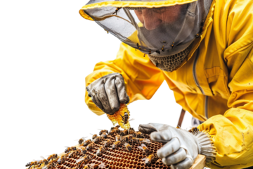 Beekeeper Harvesting Honey from Hive Isolated on Transparent Background