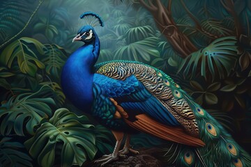 Fototapeta premium Admire the majestic presence of cyber peacocks, resplendent in their captivating beauty and elegance with copy space for details