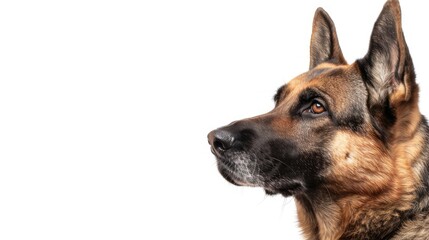German Shepherd looking sideways in portrait against white background with empty space