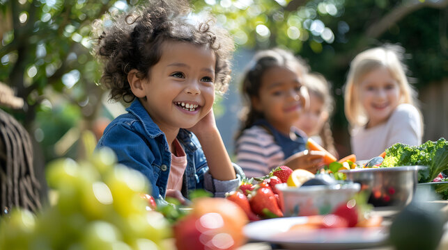 Happy children sitting around a table in a garden, enjoying fresh fruits and vegetables. Perfect for themes of outdoor activities, healthy eating, and joyful childhood moments.