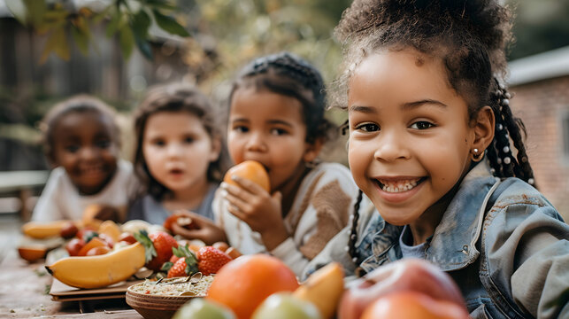 Smiling children enjoying fresh fruits and vegetables together at an outdoor table. Perfect for themes of healthy eating, outdoor fun, and childhood friendship.