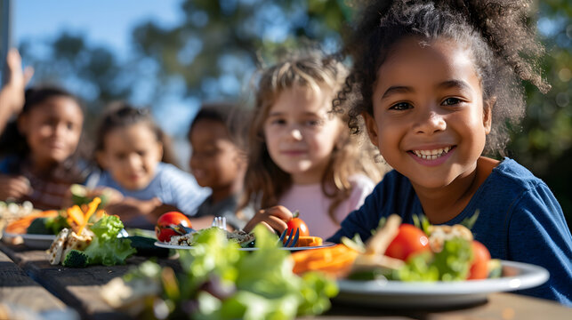 A group of children sitting at a table outdoors, smiling and enjoying plates of fresh fruits and vegetables. Perfect for themes of healthy eating, friendship, and outdoor fun.