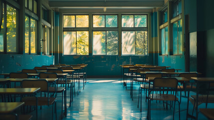 An empty classroom with rows of desks and chairs, featuring large windows and green walls. The room is illuminated by natural light, creating a serene and peaceful atmosphere.