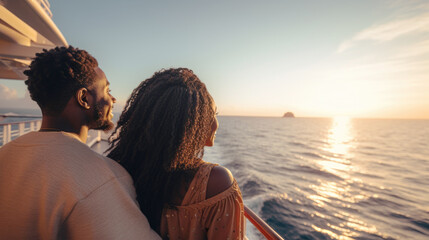 Smiling african american couple on cruise ship enjoying the ocean view, copy space