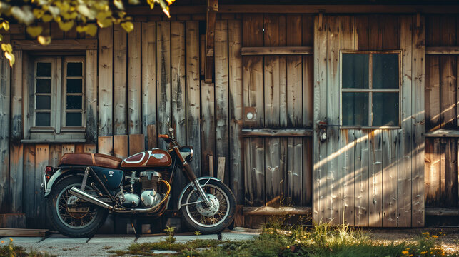 A vintage motorcycle parked in front of a rustic wooden garage, evoking a sense of nostalgia and classic design.