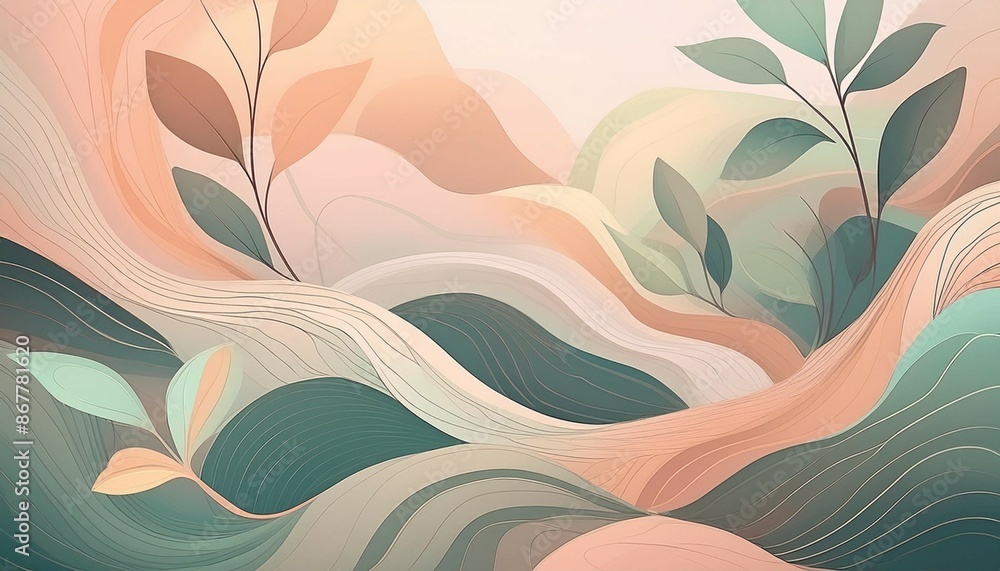 Poster abstract artwork featuring soft pastel hues with organic shapes and intersecting lines, creating a c