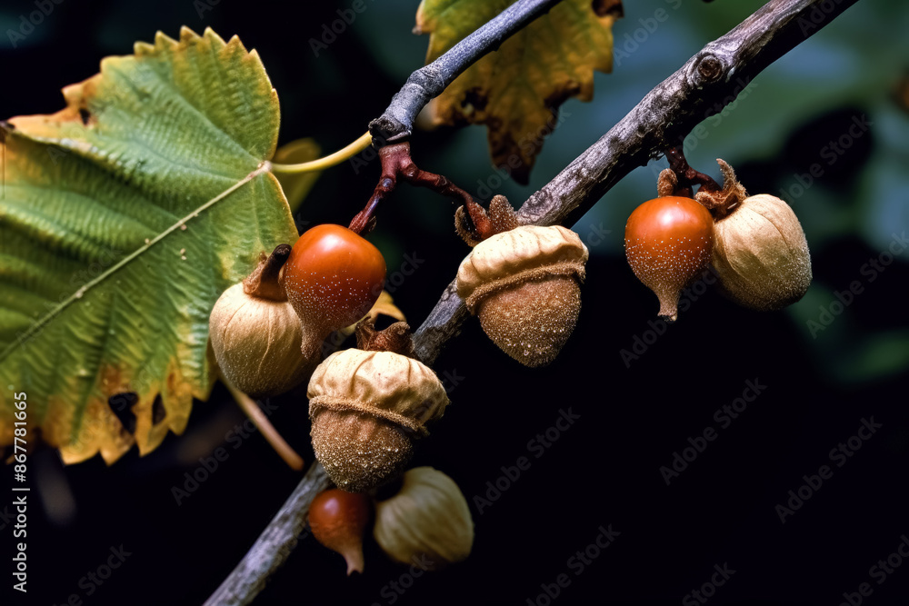 Aufkleber a branch with a few acorns on it. the acorns are brown and have a fuzzy texture