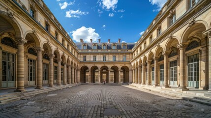 Fototapeta premium Close-up view of the Royal Palace Courtyard and Burennya Column, sky and clouds in the background. Ai generated image