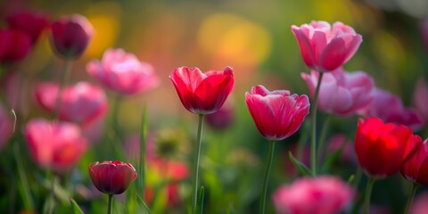 Fototapeta premium soft focus with bokeh morning pink tulip wildflower field, beautiful nature spring summer field background with copy space 