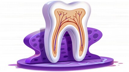 Illustration of a cross-sectioned tooth with visible nerves and blood vessels, showcasing dental anatomy on a purple background.