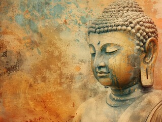 A painting of a Buddha statue with a serene expression