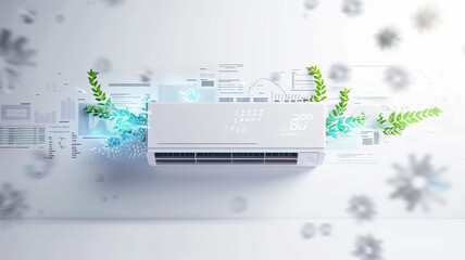 an air conditioner surrounded by floating numbers and graphs, isolated on a white background