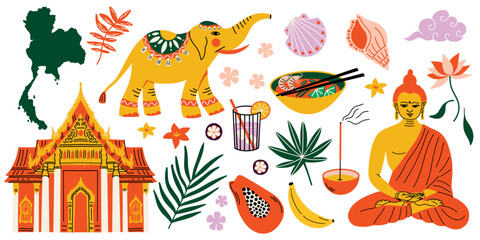 Thailand travel, tourism concept vector illustration set, Buddha, temple, map, incense, elephant, lotus, thai food, meal, cocktail, fruits, papaya exotic tropical leaves stickers elements collection