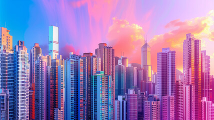 Image of a colorful urban street with numerous high rise buildings. Many colorful high-rise buildings