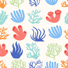 Colorful sea corals and seaweed seamless pattern.