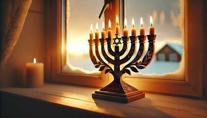 A beautifully crafted menorah with candles lit, placed on a windowsill. The window overlooks a snowy landscape with a soft, golden