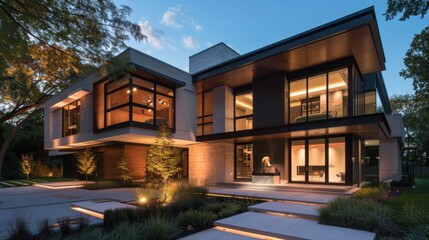Obraz premium Illustration of a modern and luxurious house with wooden cladding and black panel walls, front yard landscape background. Ai generated image