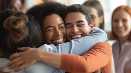 Diverse group of coworkers sharing a friendly hug in an office environment, celebrating camaraderie and support among colleagues