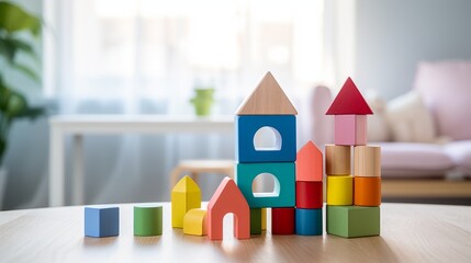 Obraz premium Wooden children's toys. Toys made of natural wood for educational games with children. Children's wooden constructor for an interesting educational game.