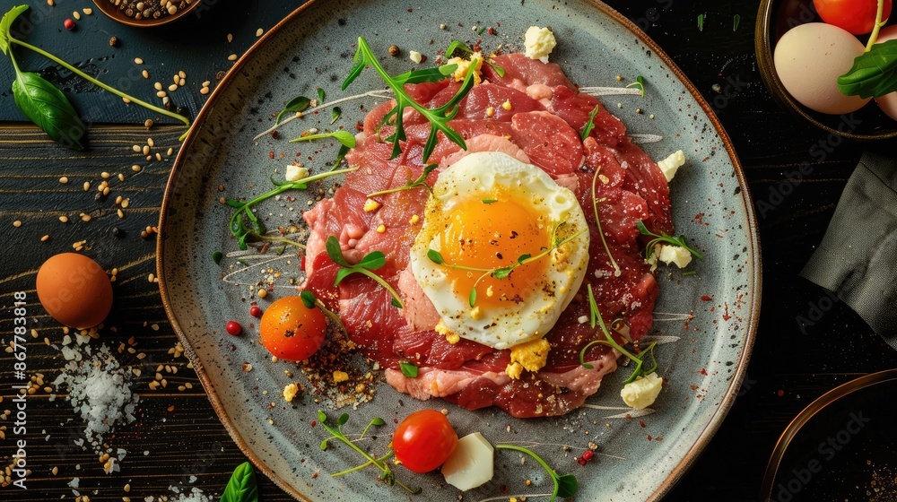 Poster raw veal with egg and cheese blend