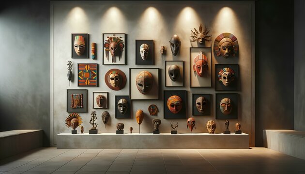 A gallery wall showcasing traditional African art, including masks, textiles, and sculptures. The display is thoughtfully arranged, w Black History Month day